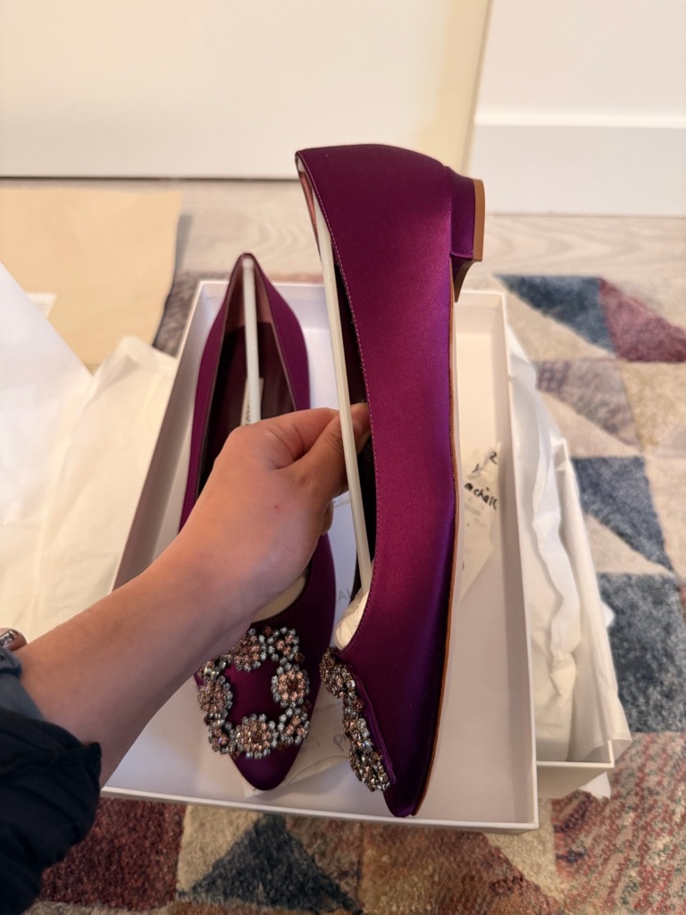 Manolo Blahnik Purple Satin Crystal-Embellished Pointed Flats - Picture 2 of 6